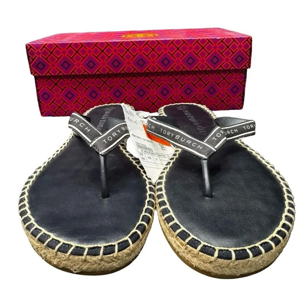 Tory Burch Flat Espadrille Sandals Women’s 11 Black White Logo Strap BNIB